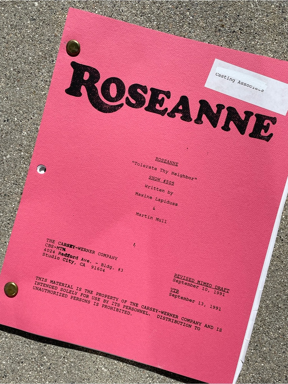 Roseanne Vtg 1991 Production Used Final Mimeo Draft Script Tolerate Thy Neighbor